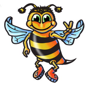 A cartoon bee holding two fingers up