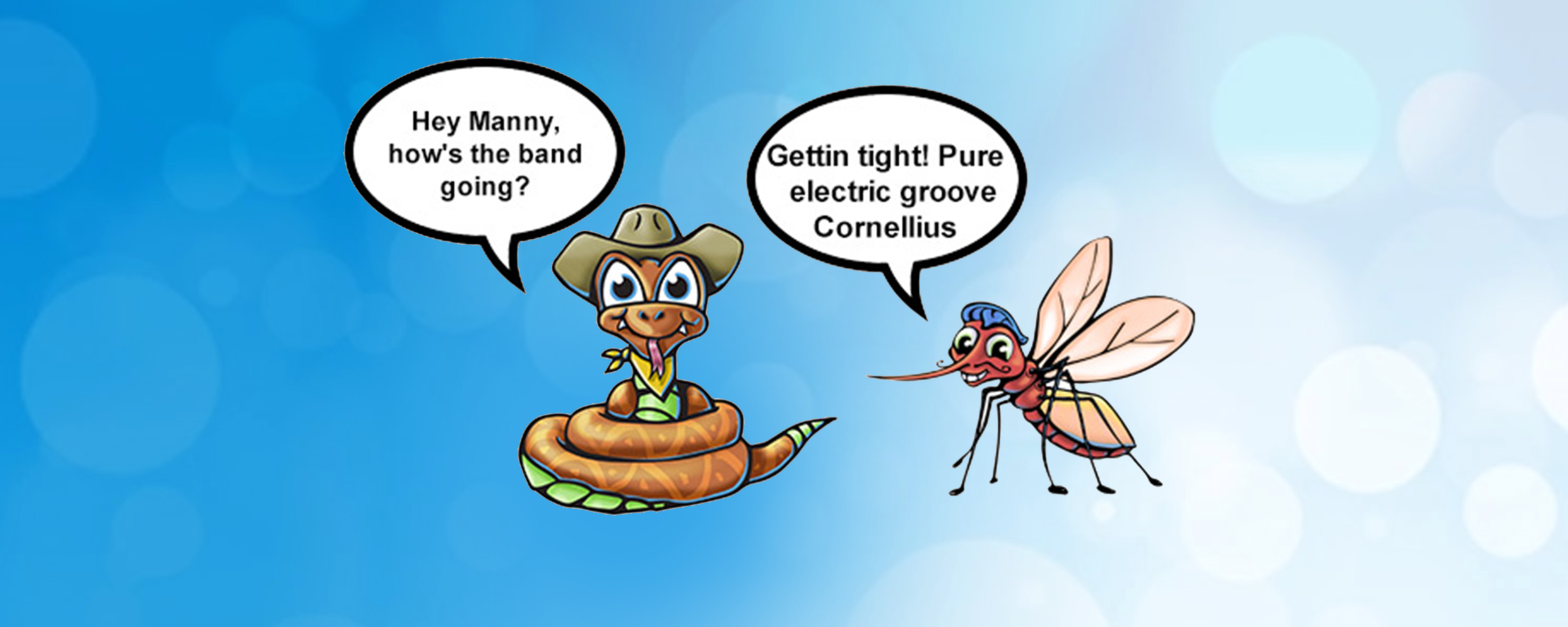 A cartoon snake and mosquito